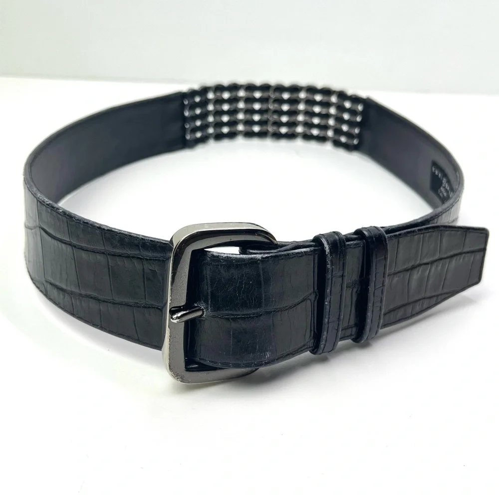 Suzi Roher Women's Black Stretch Embossed Leather Statement Chain Belt
